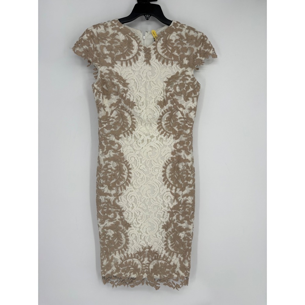 Tadashi Shoji Dress Womens 10 Ivory Tan Embroidered Lace Sheath Dress